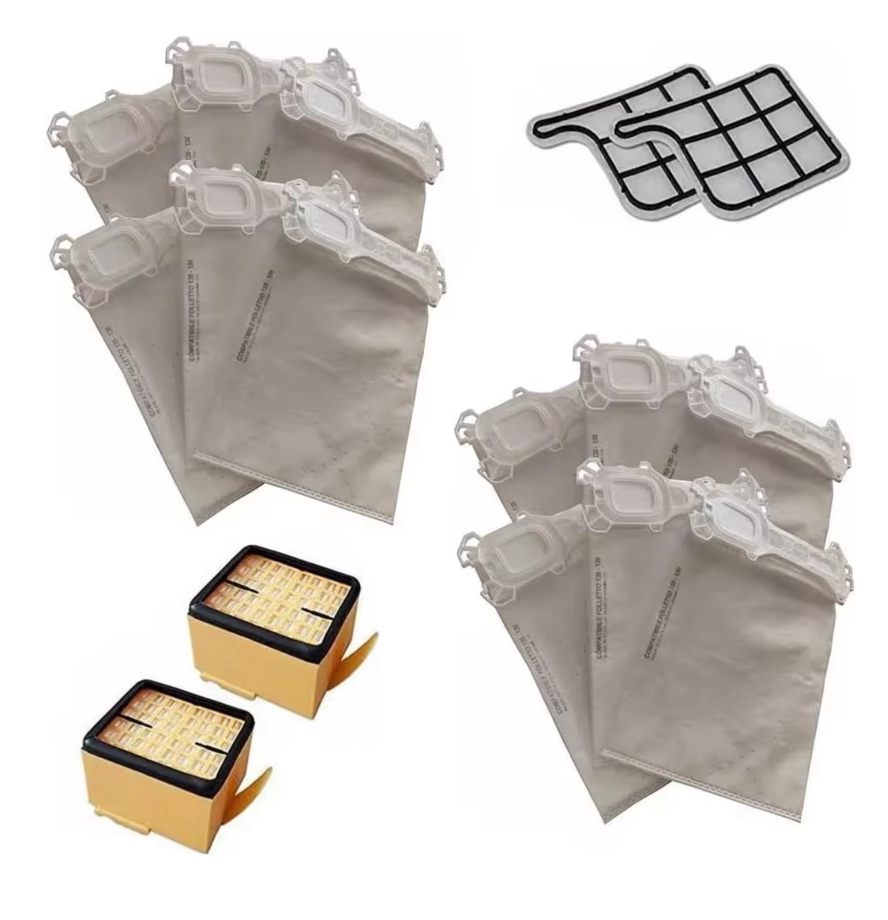 KIT 12 SACCHETTI +2 FILTRI HEPA +2 GRIGLIE MOTORE FOLLETTO VK135-136 COMPATIBILE